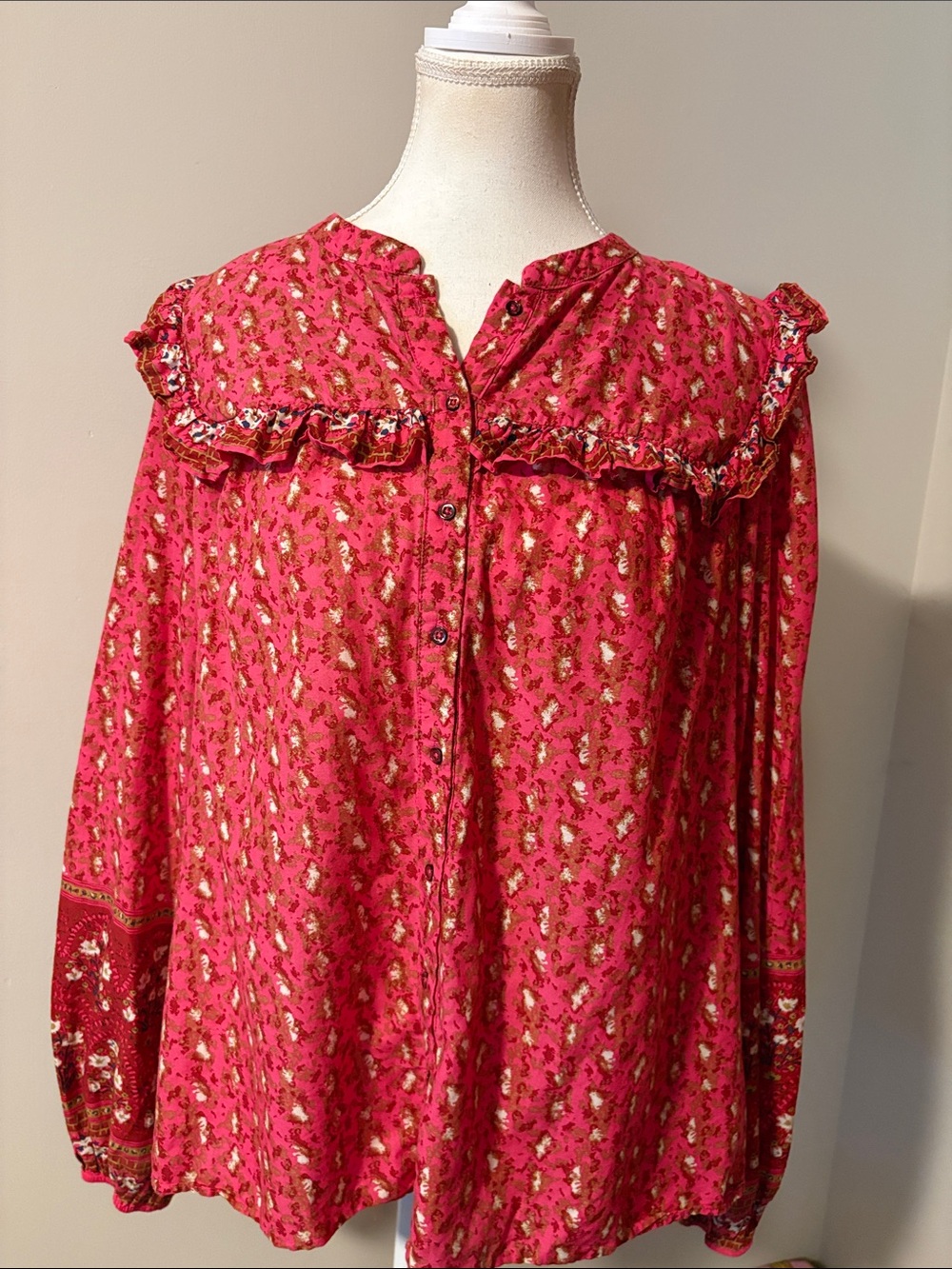 Joie Boho 100% Cotton Pink Peasant Floral Ruffle Button-Front Long Sleeve Top XL